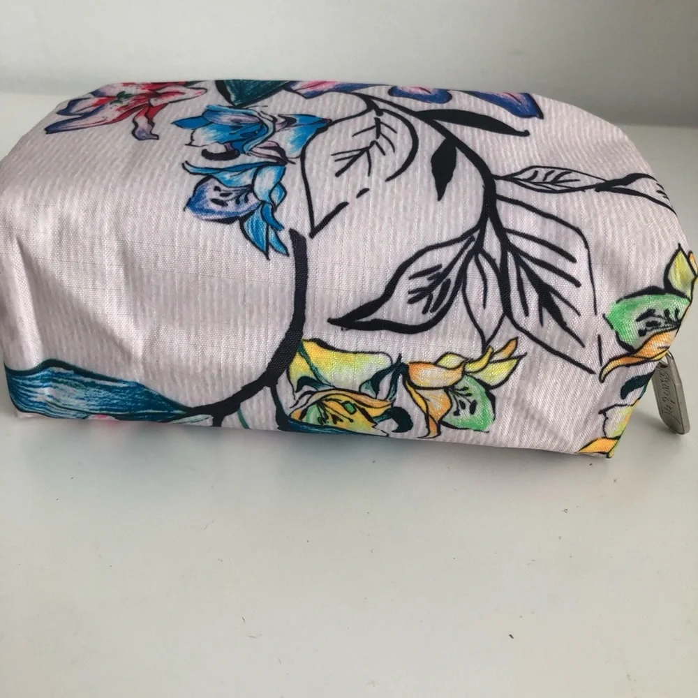 Le Sportsac Floral Pink Cosmetic Pouch with Blue Accents